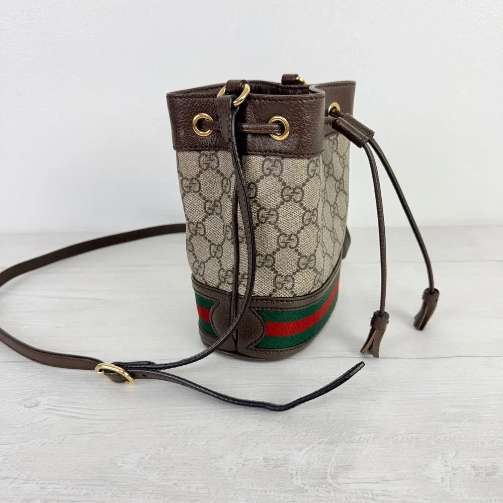 Gucci Ophidia Mini Bucket Crossbody Bag GG Supreme Web Stripe Tassel Luxury Chic